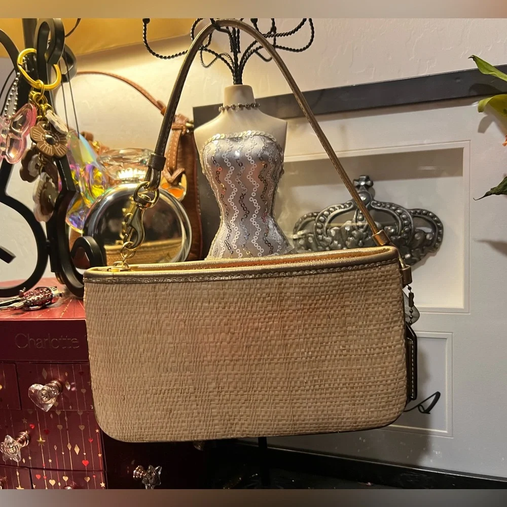 Coach Hampton Gold and Tan Woven Straw Wristlet w/ Flower Appliqué